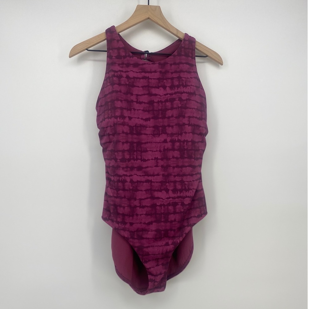 Athleta One Piece Swimsuit Size L Purple Tie Dye High Neck Keyhole Back